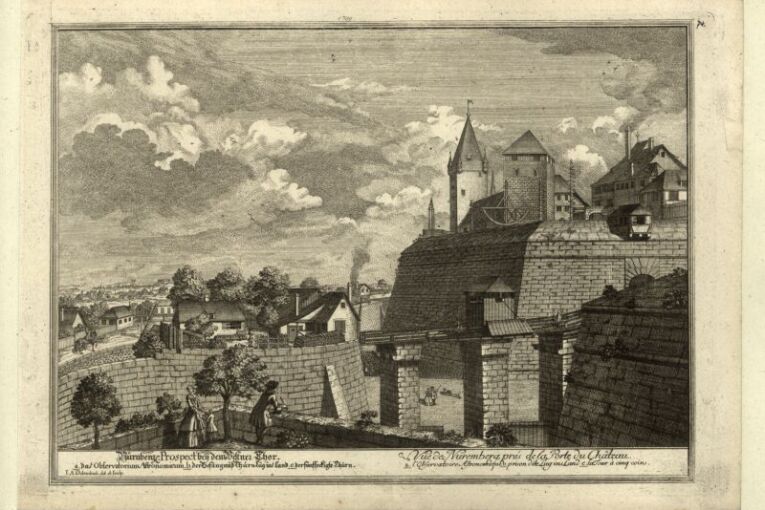Blick auf die Brücke beim Vestnertor. Johann Adam Delsenbach, Stich, 1749. (Stadtarchiv Nürnberg E 21 Nr. 298/73)