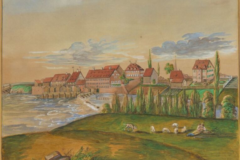 Doos von Süden um 1840, wenige Jahre vor dem Bau der Eisenbahnbrücke und des Brückkanals. Am linken Bildrand sind Teile der alten Dooser Brücke zu erkennen. C. Messerer, Aquarell mit Deckweiß. (Stadtarchiv Nürnberg A 7/II Nr. 1346)