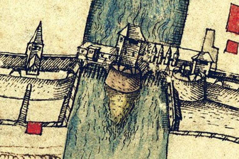 Stadtplan von Nürnberg: Ausschnitt des Bereichs beim Pegnitzaustritt am Hallertürlein (hier um 90 Grad nach links gedreht). Kolorierte Tuschezeichnung, wohl von Jörg Nöttelein, um 1553. (Stadtarchiv Nürnberg A 4/IV Nr. 50)