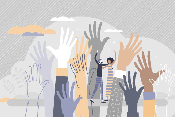 Social diversity as multicultural and race raised hands tiny person concept. Different skin color, various gender, culture and ethnic groups united or connected in solidarity crowd vector illustration