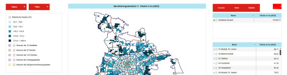 Screenshot der Startansicht des Interaktiven Bezirksatlas, zu sehen ist eine Kartenansicht der Stadt Nürnberg mit verschiedenen Daten-Menüs.