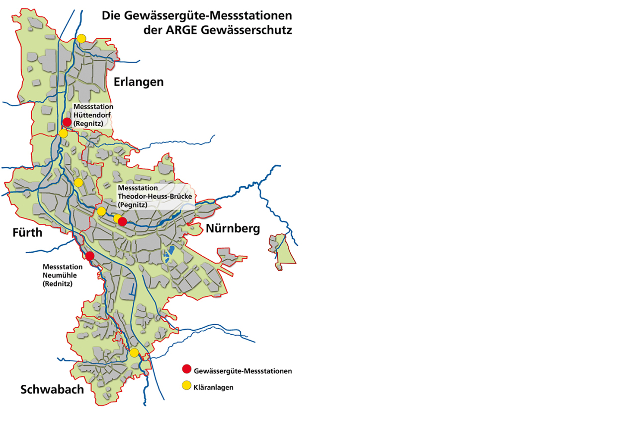 Übersichtskarte Fließgewässer-Messstationen © Bild: Grundlage: Stadt Nürnberg, geografisches Informationssystem. Grafik: Harald Bauer, SUN