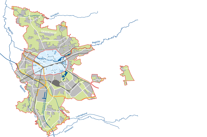 Stadtplan mit Markierung Stadtgebiet Mitte © Grundlage: Stadt Nürnberg, geografisches Informationssystem. Grafik: Harald Bauer, SUN