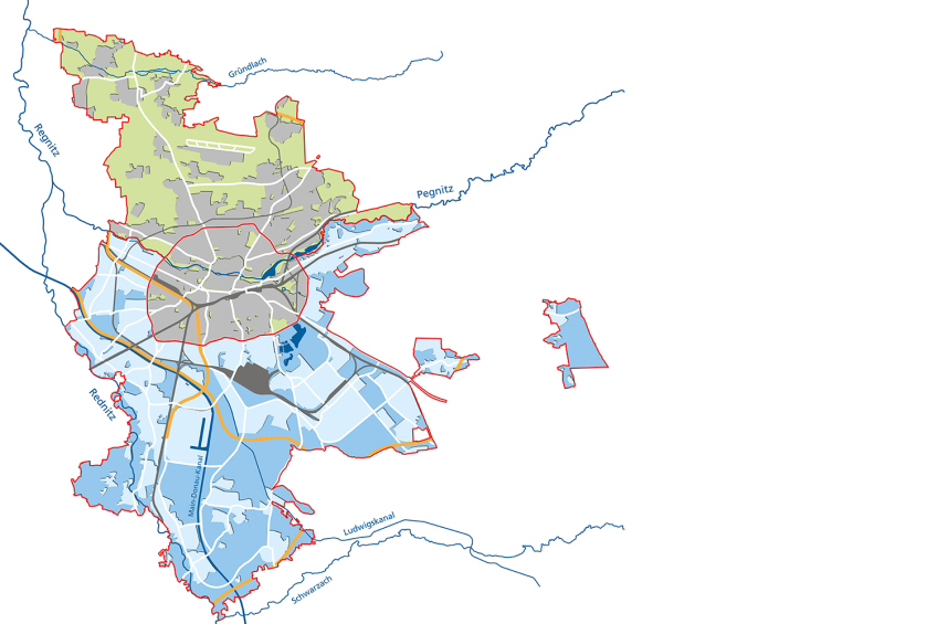 Stadtplan mit Kennzeichnung Stadtgebiet Süd © Grundlage: Stadt Nürnberg, geografisches Informationssystem. Grafik: Harald Bauer, SUN