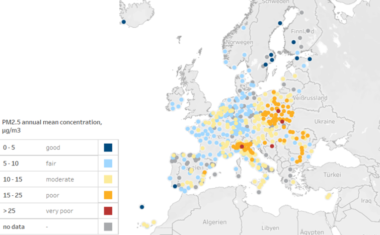 Karte mit klassifizierten Feinstaubbelastungen in europäischen Ballungszentren aus dem Ranking der Europäischen Umweltagentur