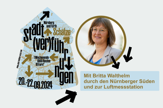 Logo der Stadtverführungen mit Portrait von Britta Walthelm. Hinweis auf Ihre Angebote bei den Stadtverführungen