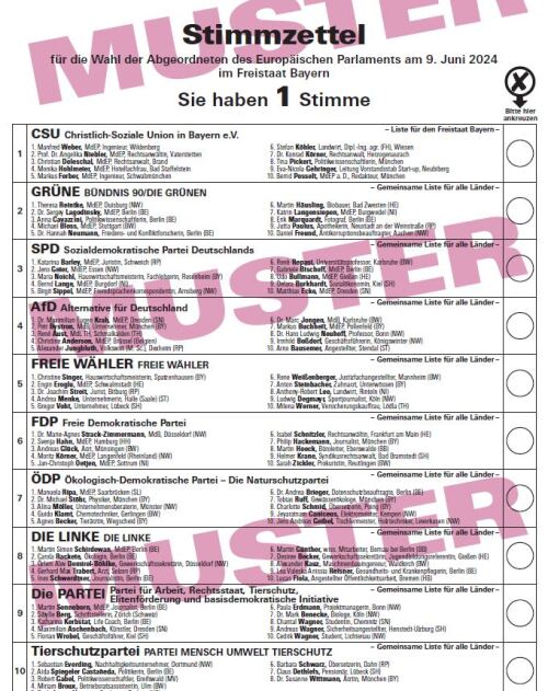 Europawahl 2024 - Ausschnitt Musterstimmzettel Bayern © Landeswahlleitung / Bayerisches Landesamt für Statistik