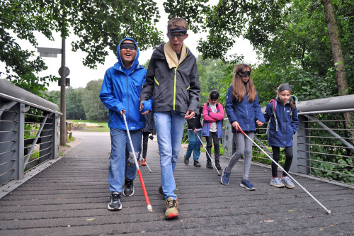 © Olga Komarova / Stadt Nürnberg Dunkelerfahrungen auf dem Erfahrungsfeld: Kinder gehen mit Augenbinden und Blindenstöcken. © Olga Komarova / Stadt Nürnberg