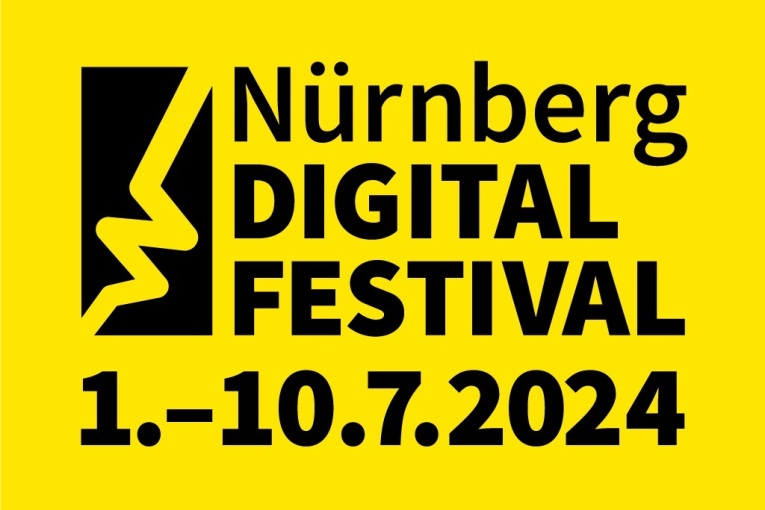 Schwarzer Schriftzug auf gelbem Hintergrund. Text: Nürnberg Digital Festival 1.-10.7.2024