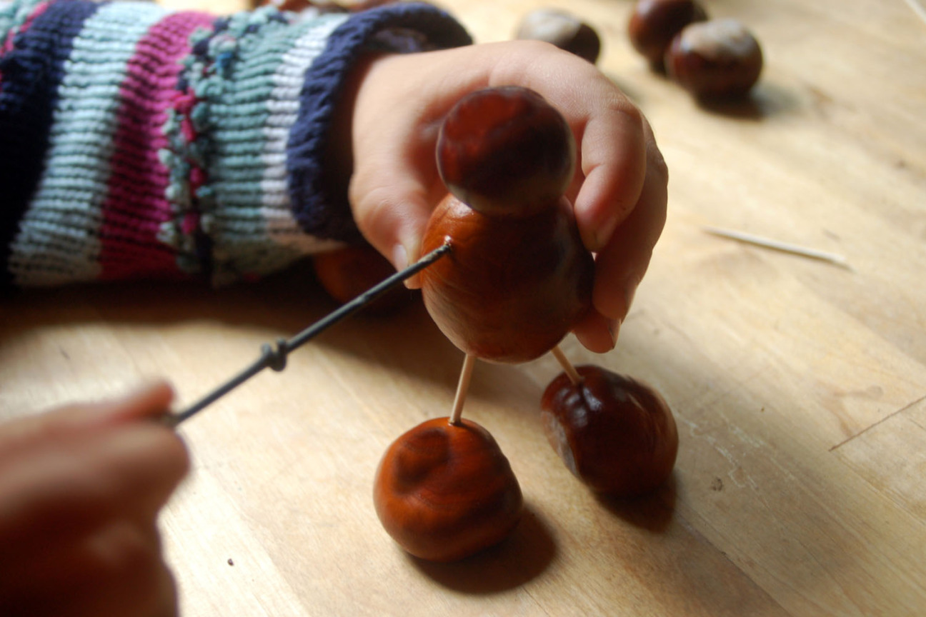 Bild © thingamajiggs - stock.adobe.com Kinderhände basteln ein Kastanienmännchen., Bild © thingamajiggs - stock.adobe.com