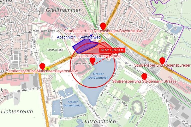 Evakuierungsbereich und Straßensperrungen zum Fliegerbombenfund im Dutzendteich am 4. Dezember 2024.