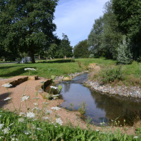 Bei Kindern ist der neue Naturspielplatz am Goldbach sehr beliebt. Planschen und in der Wiese toben ist hier angesagt.