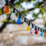 Eine Lichterkette mit bunten Lampen ist zwischen Bäumen aufgehängt.