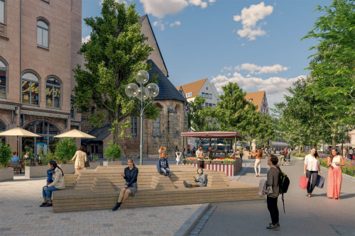 Visualisierung zur Umgestaltung der Königstraße: Bäume und Beete sollen das Stadtklima verbessern, Sitzmöglichkeiten für mehr Aufenthaltsqualität sorgen.