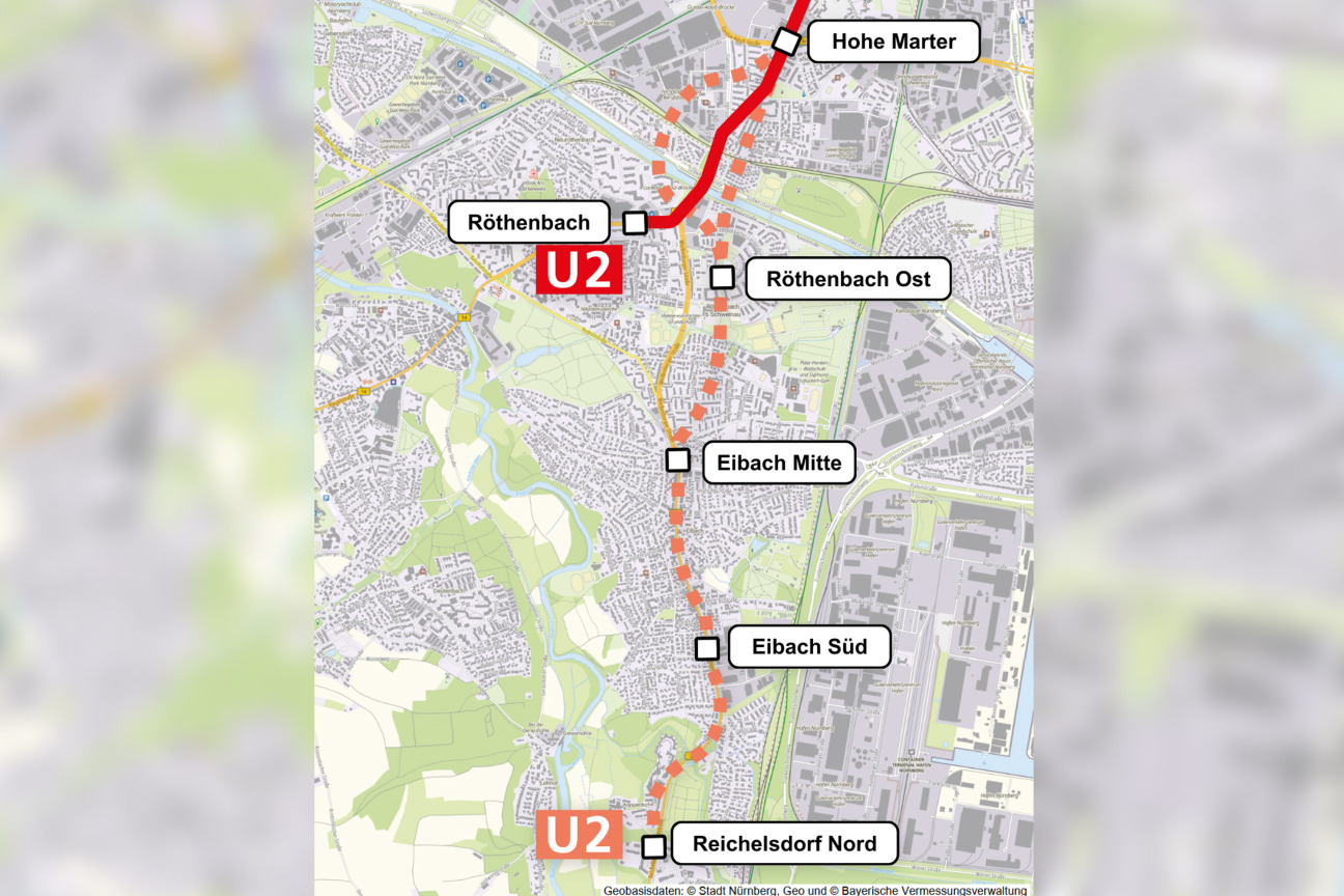 Übersichtskarte der geplanten Verlängerung der U2 über Eibach nach Reichelsdorf