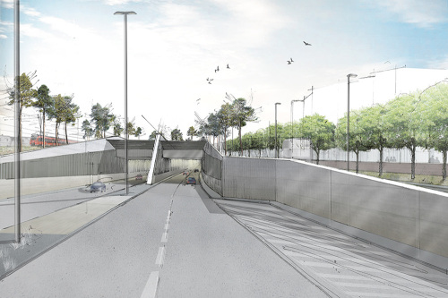 Beim Tunnelportal West führt der Frankenschnellweg zweispurig i